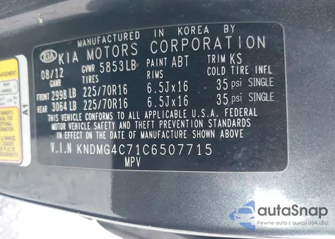 2012 Kia Sedona Lx из США, поврежденный, VIN KNDMG4C71C6507715